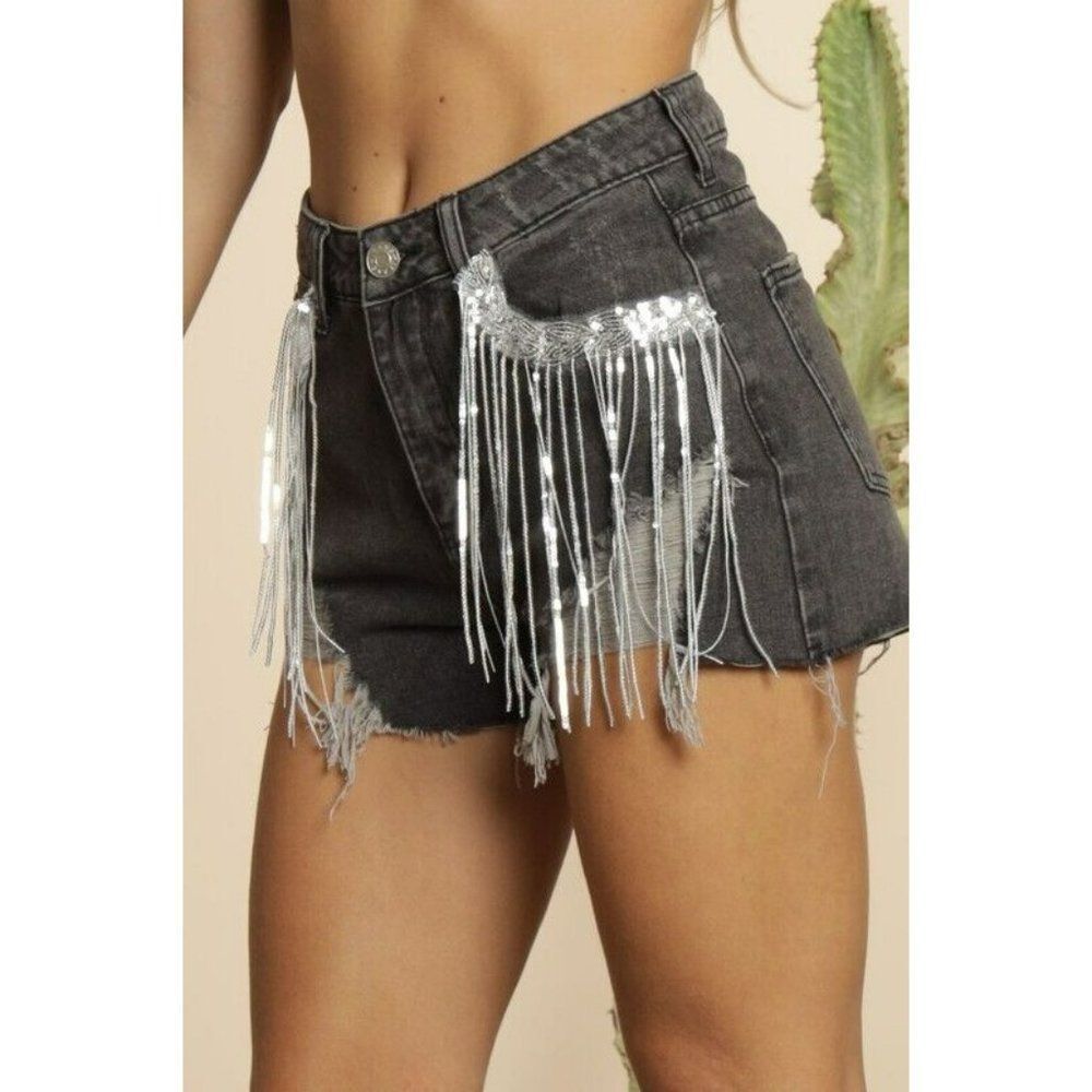 Blue Buttercup Black Fringe Frayed Denim Shorts Diamond Rhinestone Sequin NEW